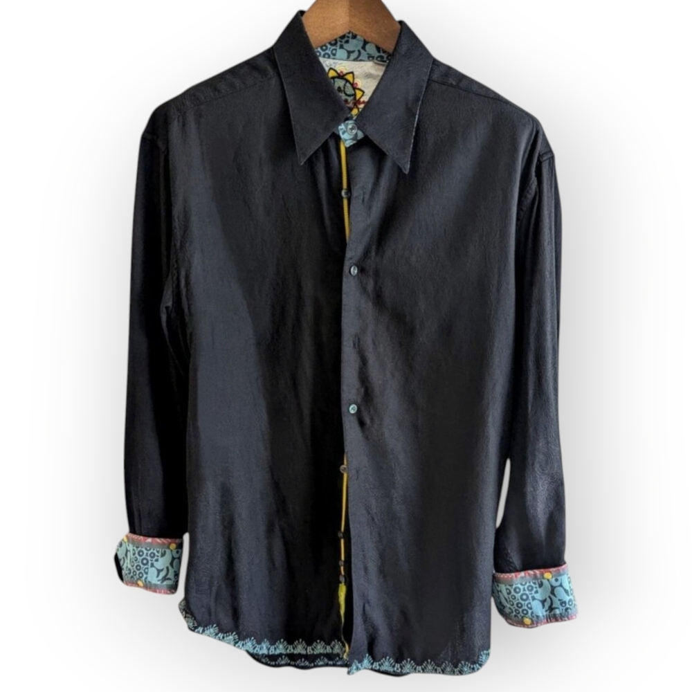 Robert Graham XL Black Woven Button Down Shirt with Turquoise Embroidered